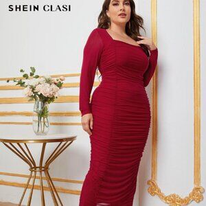 SHEIN Clasi Plus Square Neck Ruched Mesh Dress